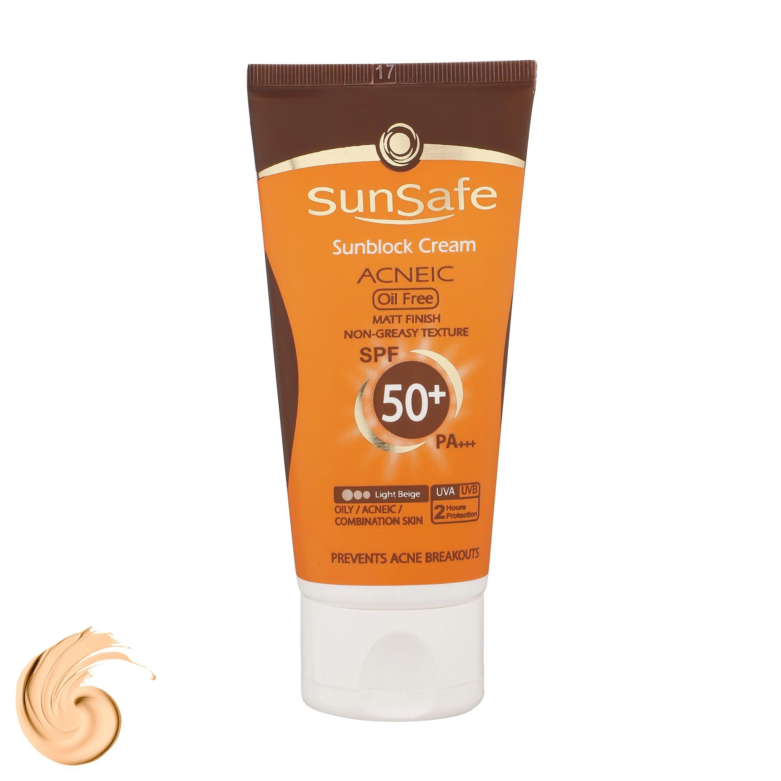 ضد آفتاب SPF50+ کرم پودری بژ روشن فاقد چربی سان سیف مناسب پوست چرب و آکنه ای وزن 50 گرم