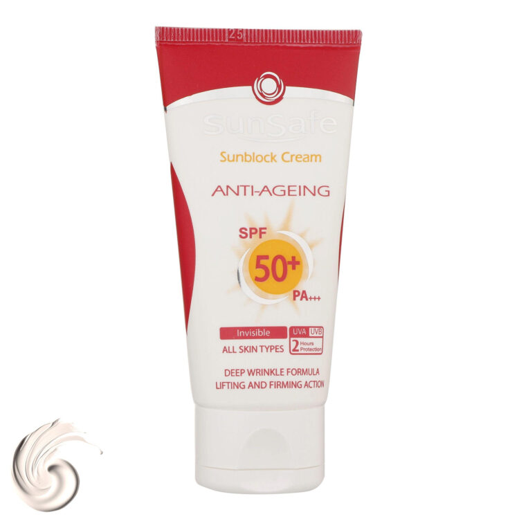 ضدآفتاب و ضدچروک SPF50+ کرم پودری بژ روشن سان‌سیف مناسب انوع پوست ها حجم 50 میلی‌لیتر