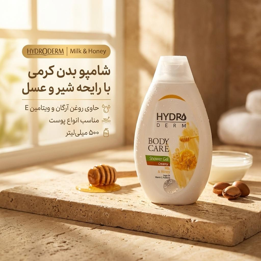 شامپو بدن کرمی هیدرودرم مدل Milk and Honey مناسب انواع پوست حجم 500 میلی لیتر