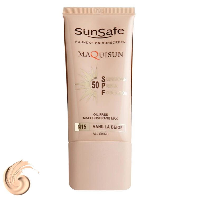 ضدآفتاب کرم پودری و پرایمری فاقد چربی سان‌سیف مدل مکیسان بژ وانیلی N15 با SPF50 حجم 40 میلی‌لیتر