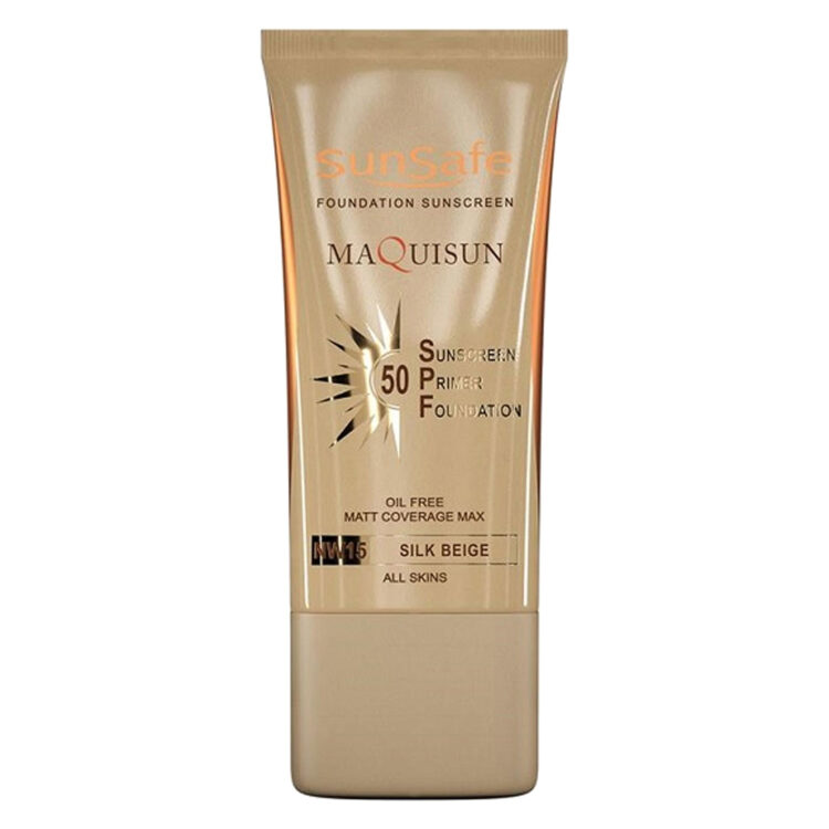 ضد آفتاب کرم پودری و پرایمری فاقد چربی سان‌سیف مدل مکیسان بژ ابریشمی NW 15 با SPF50 حجم 40 میلی‌لیتر